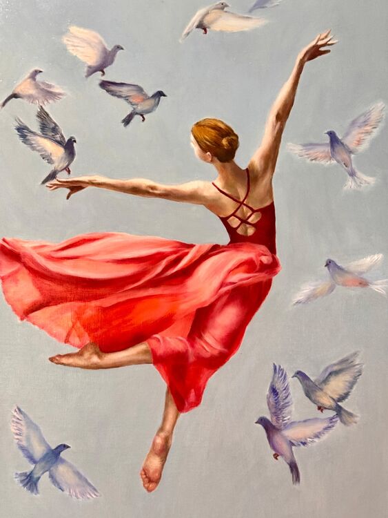 Oil painting of woman in a red dress flying in air with pigeons