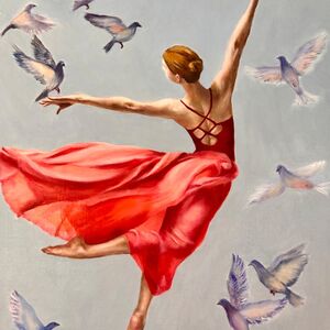 Oil painting of woman in a red dress flying in air with pigeons