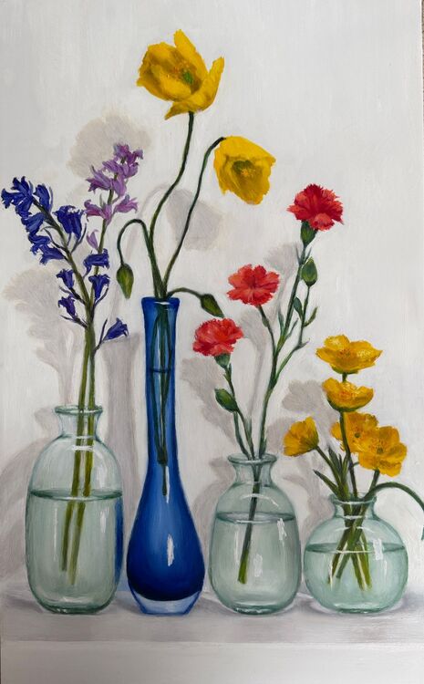 Oil painting of spring flowers in vases