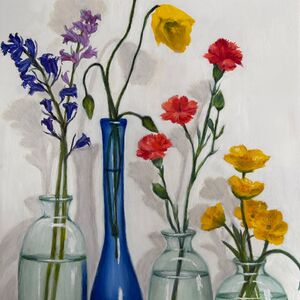 Oil painting of spring flowers in vases