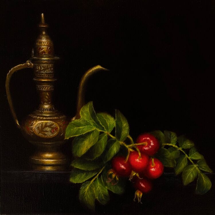 Oil painting of Indian pot and cherries