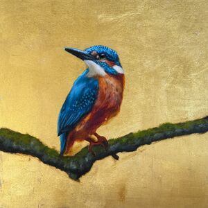 Oil painting of kingfisher bird on a branch
