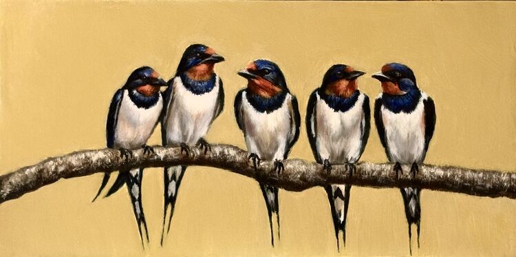 Five swallows on a branch