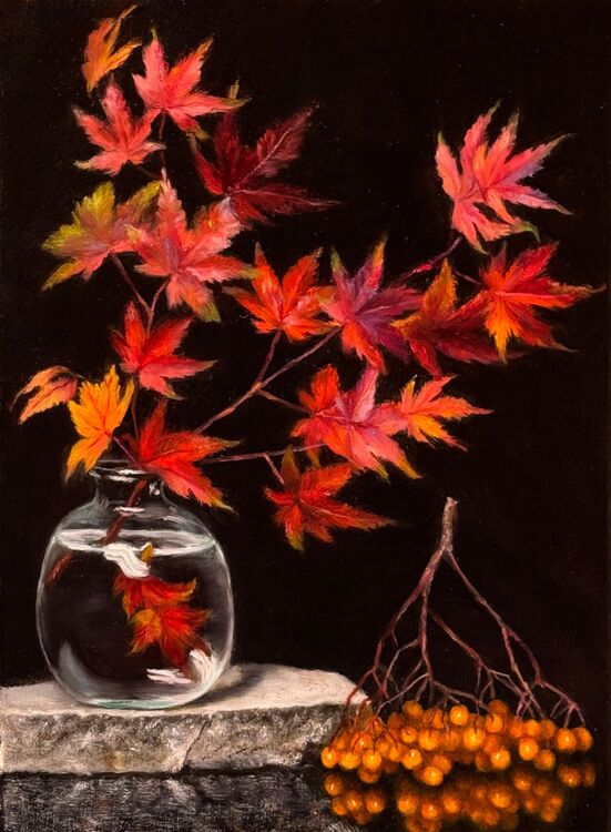 Oil painting of autumn leaves and berries