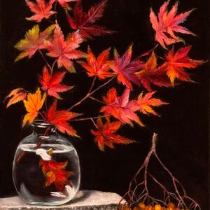 Oil painting of autumn leaves and berries