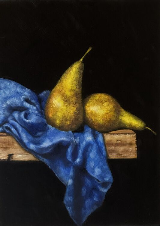 Two pears on a piece of blue cloth