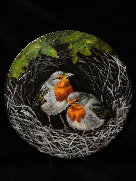 Oil painting of two robin birds in their nest