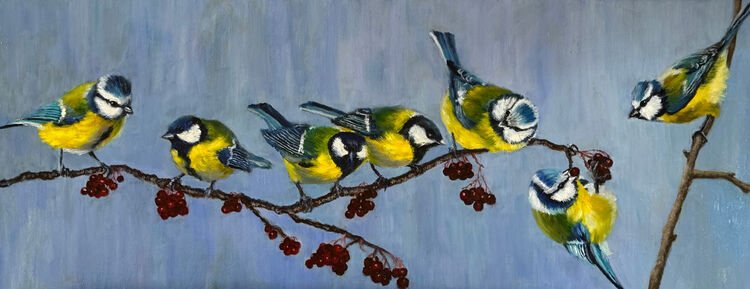 Painting of group of blue tits on a branch with blue background