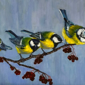 Painting of group of blue tits on a branch with blue background
