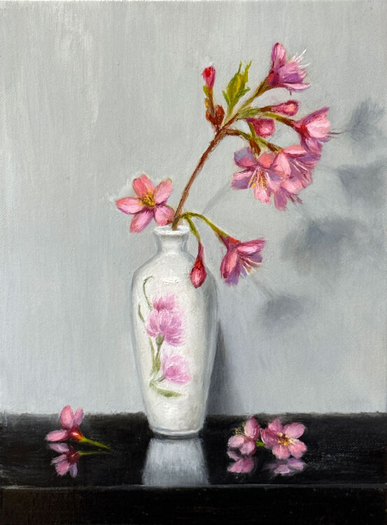 Painting of pink flowers in vase on table with grey background