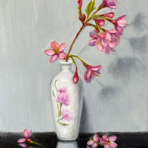 Butterfly’s Breath Painting of pink flowers in vase on table with grey background