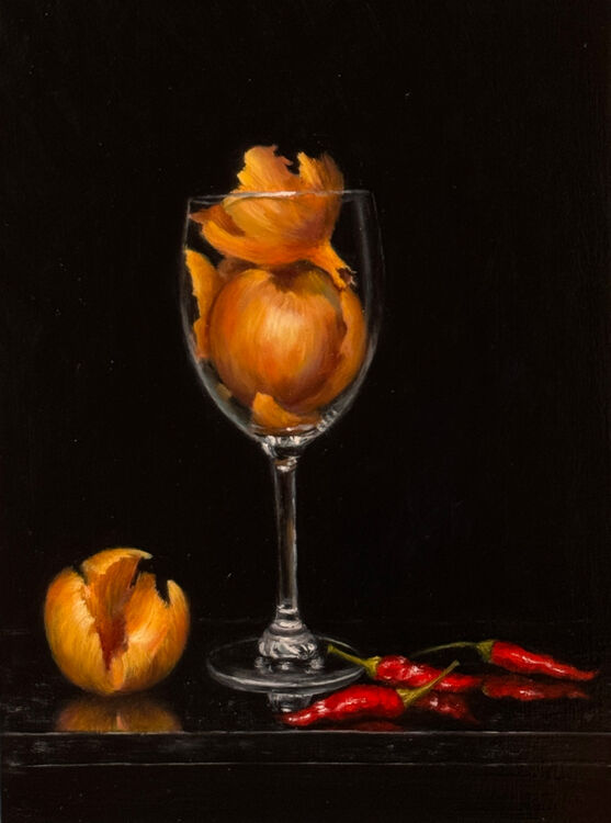 Still life painting of onion skins in a wine glass and chillies