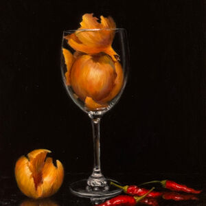Golden Still life painting of onion skins in a wine glass and chillies