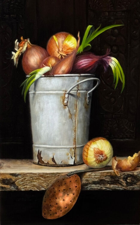 Still life painting of onions in a bucket with black background