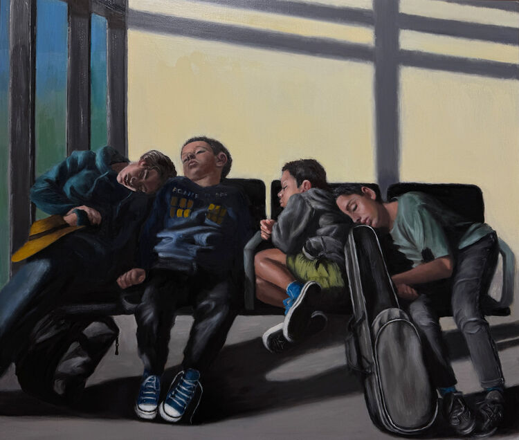 Painting of sleeping children in airport