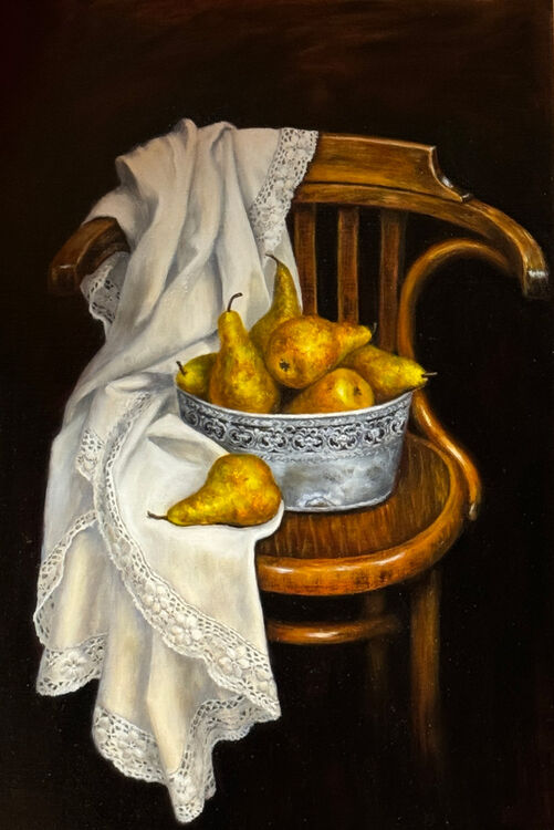 Still life painting of pears in a jar on a chair with black background