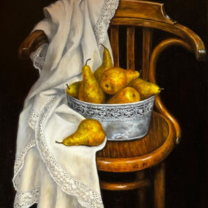 Prosperity and Longevity Still life painting of pears in a jar on a chair with black background