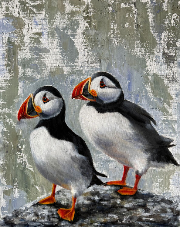 Oil painting of two puffins with grey background