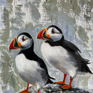 Oil painting of two puffins with grey background