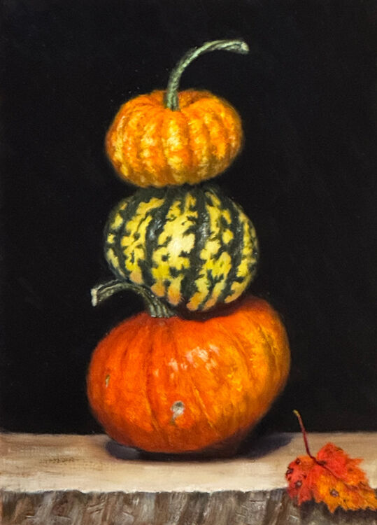 Still life painting of three pumpkins with a black background