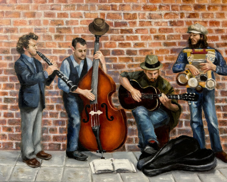 Painting of street musician band with wall in background
