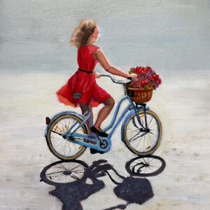 Painting of girl in red dress cycling on blue bicycle with flower basket