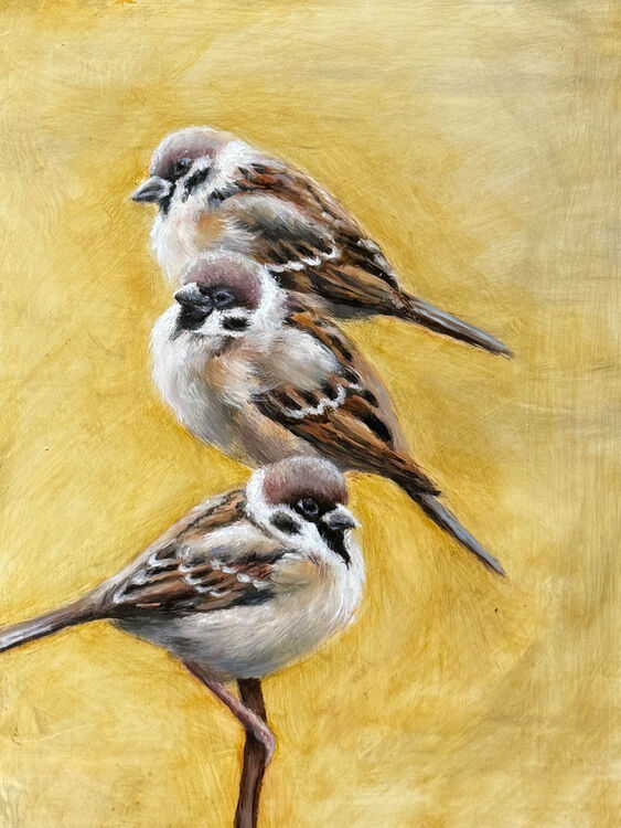 Painting of 3 sparrows on branch with yellow background