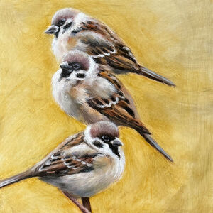 Painting of 3 sparrows on branch with yellow background