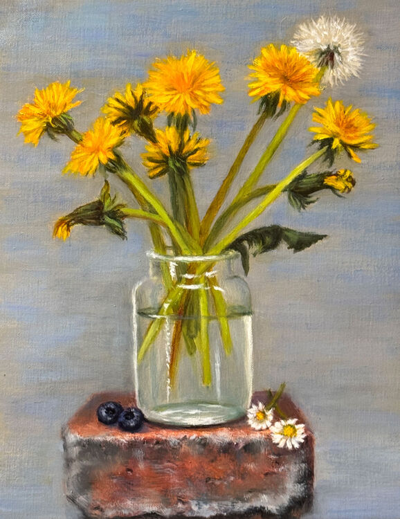 Painting of dandelions in a glass jar with a grey background
