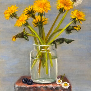 Sunshine in a Glass Painting of dandelions in a glass jar with a grey background