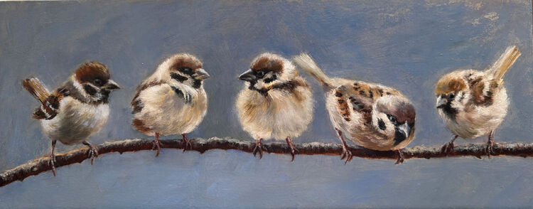 Painting of sparrows in winter with blue background