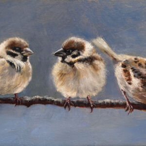 Painting of sparrows in winter with blue background