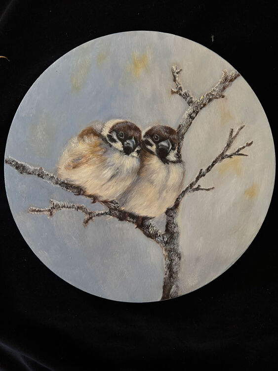Painting of 2 sparrows on branch in winter