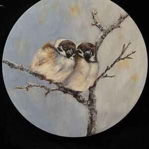 Painting of 2 sparrows on branch in winter