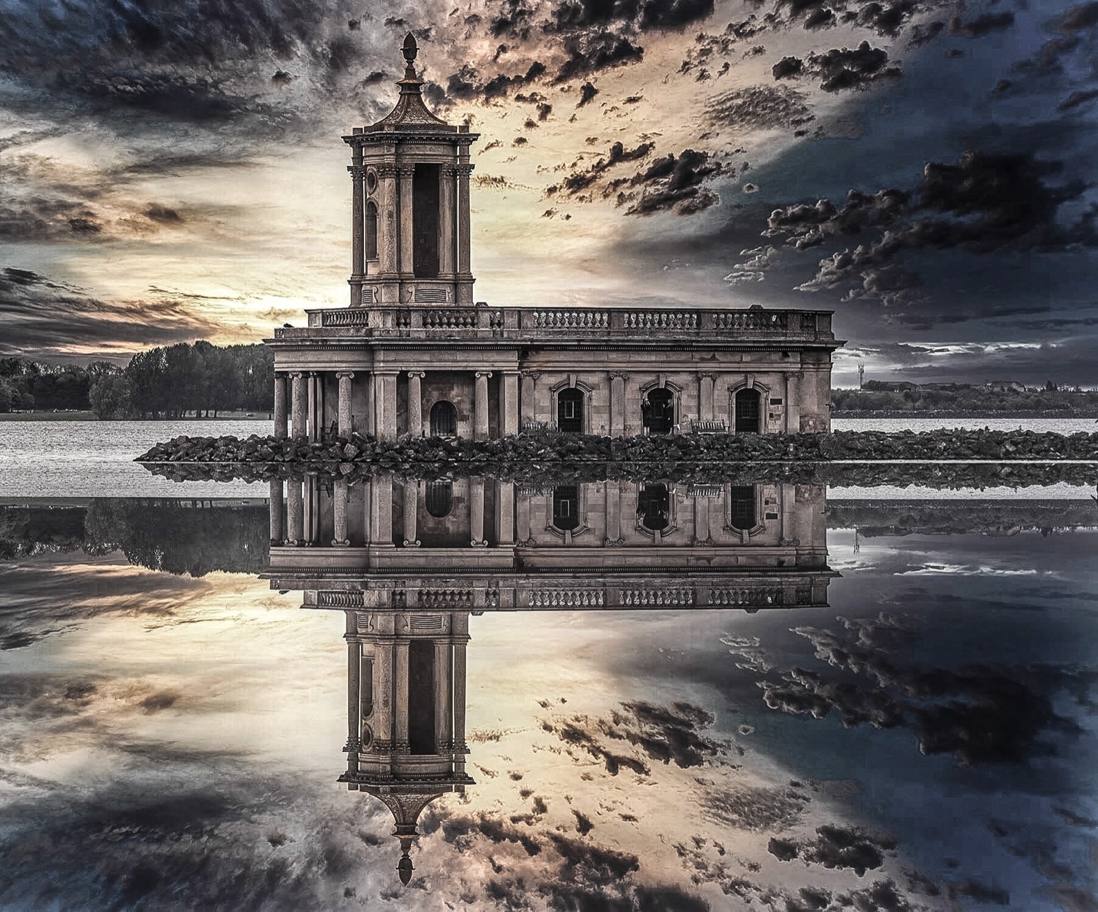 Evening reflection Norman church