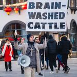Leicester February 12th 2020: A young man makes a power-full Statement about religion to the people of the city Leicester under blue sky and sunshine. Clifford Norton Alamy