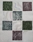 twelve squares each containing and abstract image of water ripples. Some are coloured others are white with coloured pencil