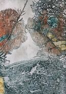 A weir in the foreground looking back along a river with winter trees reflected on a grey day