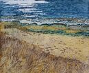 At the Beach Seashore with grasses in the foreground, beach mid-ground and blue sea