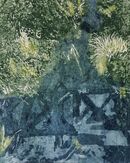 bliue with soem greed and the image of a person on a bridge as a reflection