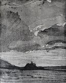 black and white with a cloudy sky  - a dark building stands out in the middle ground.  The foreground is textured