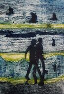 Two silhouetted female figures walking together on a beach. Silhouettes of birds seem to be accompanying them.