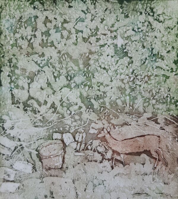 green background of plants.  There is a burnt sienna coloured deer to the right of the picture