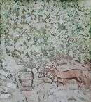 green background of plants.  There is a burnt sienna coloured deer to the right of the picture