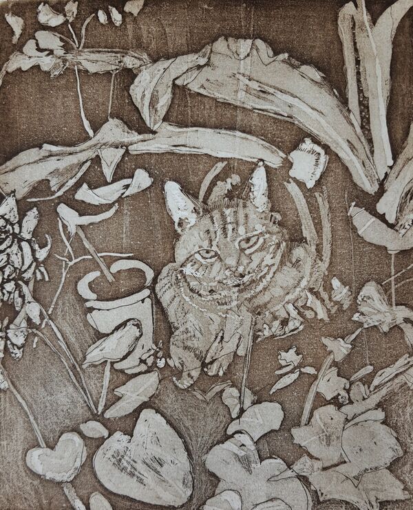 cat sitting amongst pot plants dark brown monotone