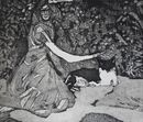black and white girl stroking a cat in the garden