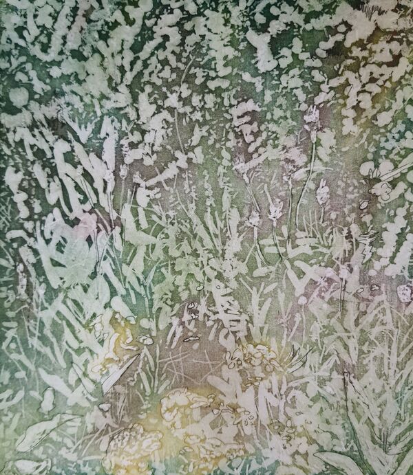 abstract image of green plant shapes some hints of yellow and purples