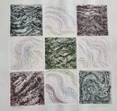 Nine squares arranged in a square each containing ripple abstracts. Some are full colour others are white with coloured pencil