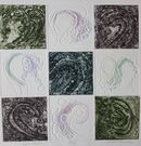 Nine squares arranged in a square each containing wave abstracts. Some are full colour others are white with coloured pencil
