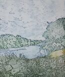 a blue river with trees in the background and plants (grass and wildflowers) in the foreground